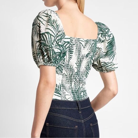 Express Palm Print Eyelet Puff Sleeve Tie Neck Thong Bodysuit Size XL - Picture 2 of 9